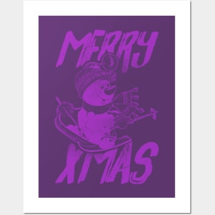 Skiing Snowman - Merry Xmas - Purple Posters and Art